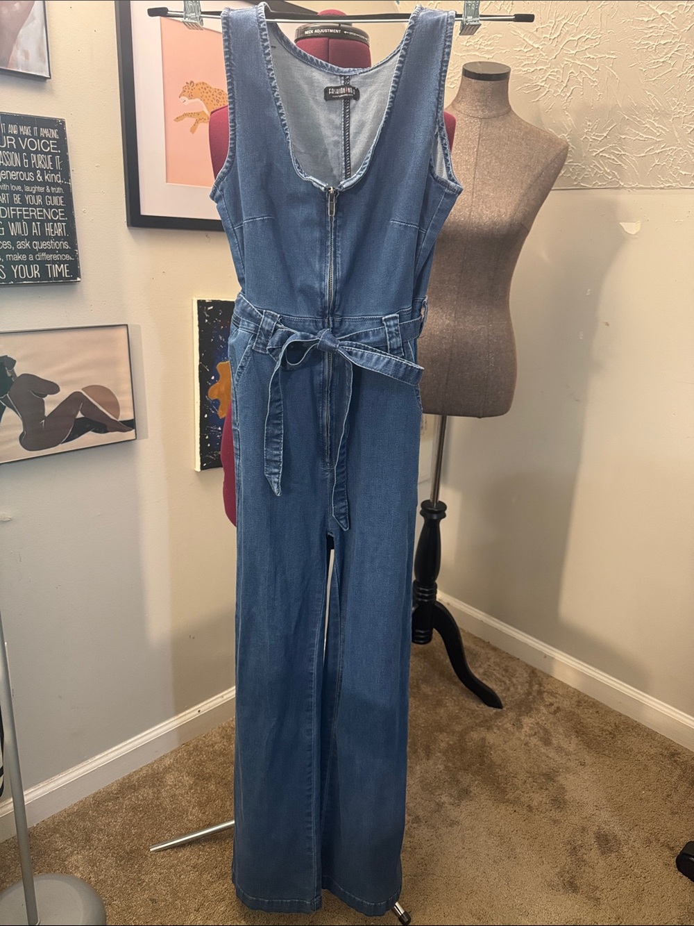 Fashion Nova Blue Denim Wide-Leg Jumpsuit with Tie Waist